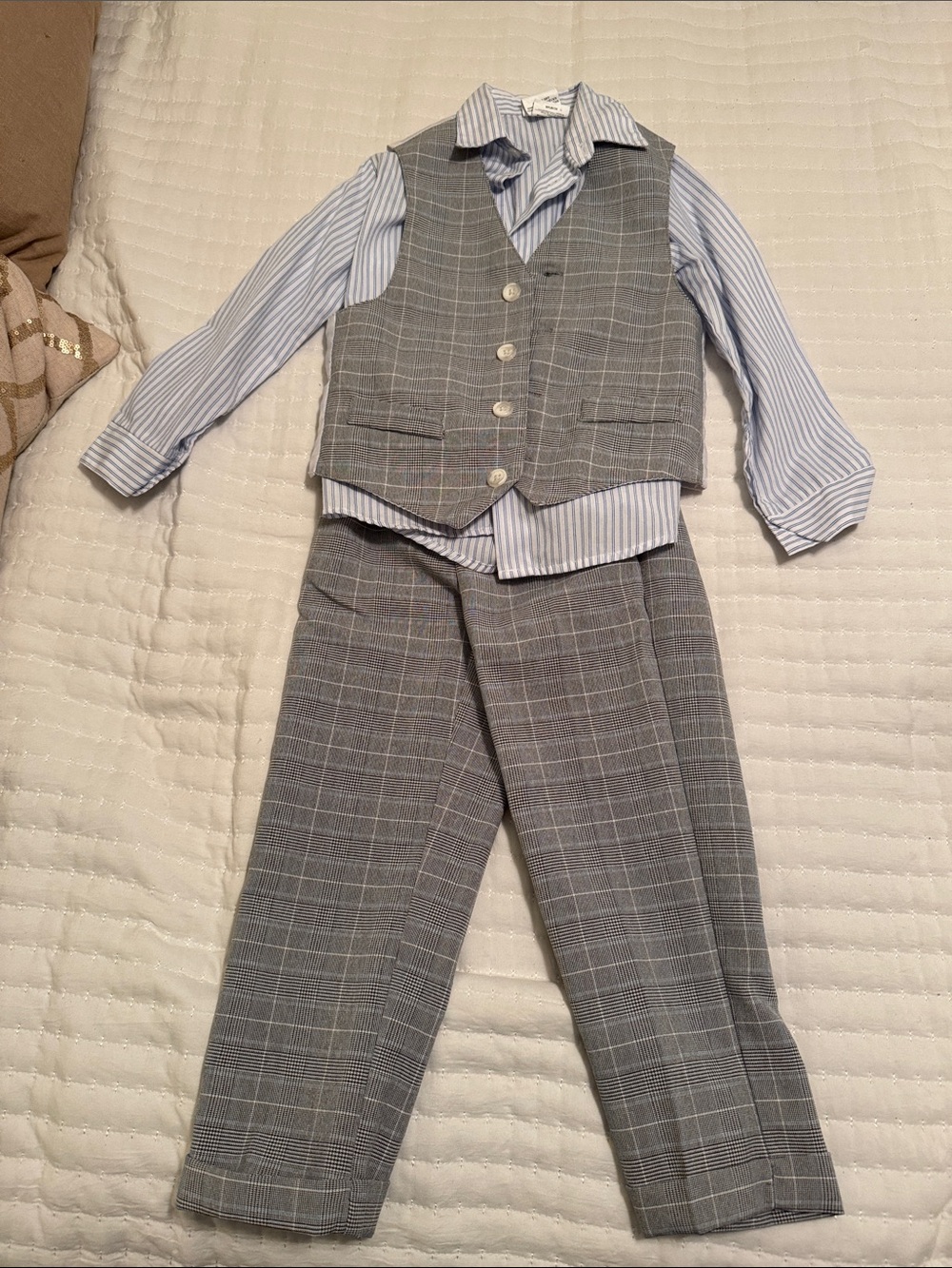 Van Heusen Gray Plaid Vest and Pants Set with Blue Striped Shirt
